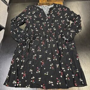 Loft Black Red‎ Floral Long Sleeve Dress Size Large Split Neck Swing Button